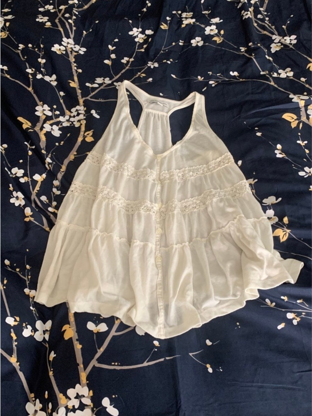 American Eagle Outfitters Cream Lace-Trim Tiered Racerback Tank